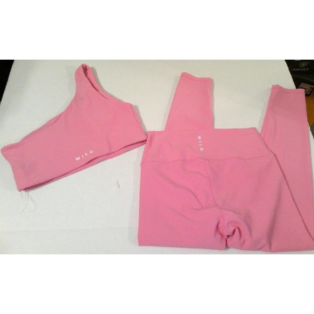 EUC Large Womens WILO Ribbed Pink set Leggings Bra Top one shoulder